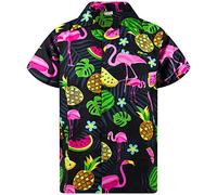 King Kameha Hawaiian Shirt Men Fruit-Designs Regular-Shirt Short-Sleeve, Flamingo-Melon, Black, M