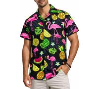 King Kameha Hawaiian Shirt Men Fruit-Designs Regular-Shirt Short-Sleeve, Flamingo-Melon, Black, XS