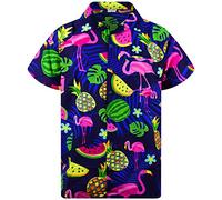 King Kameha Hawaiian Shirt Men Fruit-Designs Regular-Shirt Short-Sleeve, Flamingo-Melon, Blue, M