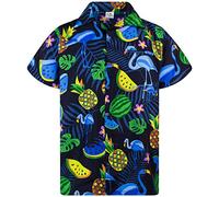 King Kameha Hawaiian Shirt Men Fruit-Designs Regular-Shirt Short-Sleeve, Flamingo-Melon, Darkblue-Blue, M
