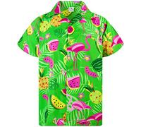 King Kameha Hawaiian Shirt Men Fruit-Designs Regular-Shirt Short-Sleeve, Flamingo-Melon, Green, M