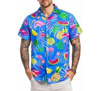 King Kameha Hawaiian Shirt Men Fruit-Designs Regular-Shirt Short-Sleeve, Flamingo-Melon, Indigoblue, 5XL