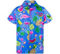 King Kameha Hawaiian Shirt Men Fruit-Designs Regular-Shirt Short-Sleeve, Flamingo-Melon, Indigoblue, M