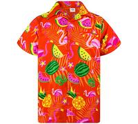 King Kameha Hawaiian Shirt Men Fruit-Designs Regular-Shirt Short-Sleeve, Flamingo-Melon, Orange, XXL
