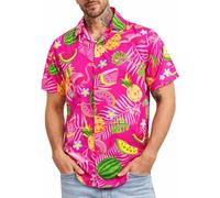 King Kameha Hawaiian Shirt Men Fruit-Designs Regular-Shirt Short-Sleeve, Flamingo-Melon, Pink, L