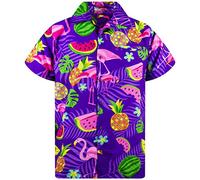King Kameha Hawaiian Shirt Men Fruit-Designs Regular-Shirt Short-Sleeve, Flamingo-Melon, Purple, 6XL