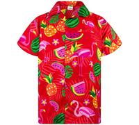 King Kameha Hawaiian Shirt Men Fruit-Designs Regular-Shirt Short-Sleeve, Flamingo-Melon, Red, XXL