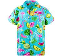 King Kameha Hawaiian Shirt Men Fruit-Designs Regular-Shirt Short-Sleeve, Flamingo-Melon, Turquoise, S