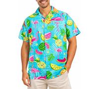King Kameha Hawaiian Shirt Men Fruit-Designs Regular-Shirt Short-Sleeve, Flamingo-Melon, Turquoise, XXL