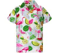King Kameha Hawaiian Shirt Men Fruit-Designs Regular-Shirt Short-Sleeve, Flamingo-Melon, White, M