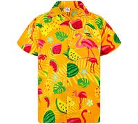 King Kameha Hawaiian Shirt Men Fruit-Designs Regular-Shirt Short-Sleeve, Flamingo-Melon, Yellow, S