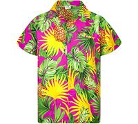 King Kameha Hawaiian Shirt Men Fruit-Desings Regular-Shirt Short-Sleeve, Pineapple-Leaves, Pink, XXL