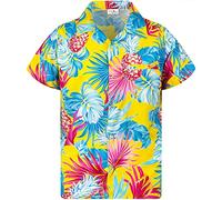 King Kameha Hawaiian Shirt Men Fruit-Desings Regular-Shirt Short-Sleeve, Pineapple-Leaves, Yellow, 3XL