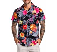 King Kameha Hawaiian Shirts for Men - Hawaiian Shirt with Pineapple Print, Summer Shirts for Men UK - Botton Down Mens Shorts Sleeve Shirt - Aloha Holiday Clothes - Pineapple, Black/Grey, XL