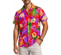 King Kameha Hawaiian Shirts for Men - Hawaiian Shirt with Pineapple Print, Summer Shirts for Men UK - Botton Down Mens Shorts Sleeve Shirt - Aloha Holiday Clothes - Pineapple, Red, M