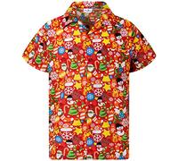 King Kameha Men Christmas Santa-Claus Office-Party Short-Sleeve Button-Down Shirts, Christmas-Allover, Red, 5XL