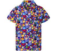 King Kameha Men Christmas Santa-Claus Office-Party Short-Sleeve Button-Down Shirts, Christmas-Allover, Indigo-Blue, XS
