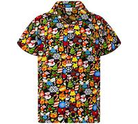 King Kameha Men Christmas Santa-Claus Office-Party Short-Sleeve Button-Down Shirts, Christmas-Allover, Black, XS