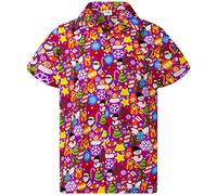 King Kameha Men Christmas Santa-Claus Office-Party Short-Sleeve Button-Down Shirts, Christmas-Allover, Pink, XXL