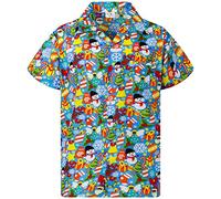 King Kameha Men Christmas Santa-Claus Office-Party Short-Sleeve Button-Down Shirts, Christmas-Allover, Ice-Blue, M