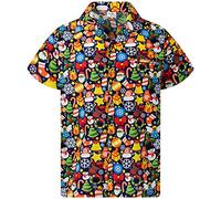 King Kameha Men Christmas Santa-Claus Office-Party Short-Sleeve Button-Down Shirts, Christmas-Allover, Dark-Blue, 4XL