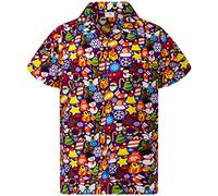 King Kameha Men Christmas Santa-Claus Office-Party Short-Sleeve Button-Down Shirts, Christmas-Allover, Purple, XXL