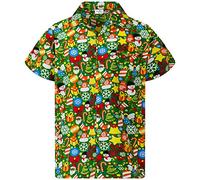 King Kameha Men Christmas Santa-Claus Office-Party Short-Sleeve Button-Down Shirts, Christmas-Allover, Green, M