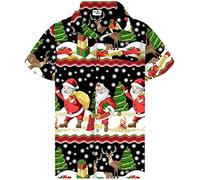 King Kameha Men Christmas Santa-Claus Office-Party Short-Sleeve Button-Down Shirts, Christmas-Border-Print, Black, 5XL