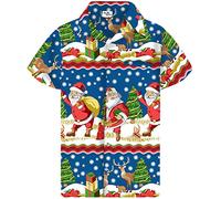 King Kameha Men Christmas Santa-Claus Office-Party Short-Sleeve Button-Down Shirts, Christmas-Border-Print, Blue, XL