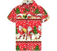 King Kameha Men Christmas Santa-Claus Office-Party Short-Sleeve Button-Down Shirts, Christmas-Border-Print, Red, 4XL