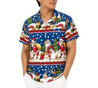 King Kameha Men Christmas Santa-Claus Office-Party Short-Sleeve Button-Down Shirts, Christmas-Border-Print, Blue, S