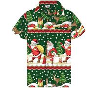 King Kameha Men Christmas Santa-Claus Office-Party Short-Sleeve Button-Down Shirts, Christmas-Border-Print, Green, S