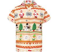 King Kameha Men Christmas Santa-Claus Office-Party Short-Sleeve Button-Down Shirts, Christmas-Rows, Beige, S