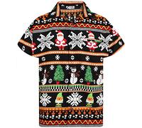King Kameha Men Christmas Santa-Claus Office-Party Short-Sleeve Button-Down Shirts, Christmas-Rows, Black, S