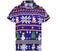 King Kameha Men Christmas Santa-Claus Office-Party Short-Sleeve Button-Down Shirts, Christmas-Rows, Blue, XXL