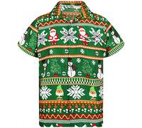 King Kameha Men Christmas Santa-Claus Office-Party Short-Sleeve Button-Down Shirts, Christmas-Rows, Green, M