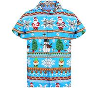 King Kameha Men Christmas Santa-Claus Office-Party Short-Sleeve Button-Down Shirts, Christmas-Rows, Ice-Blue, M