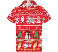 King Kameha Men Christmas Santa-Claus Office-Party Short-Sleeve Button-Down Shirts, Christmas-Rows, Red, L