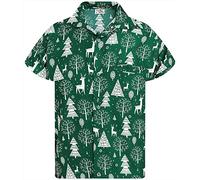 King Kameha Men Christmas Santa-Claus Office-Party Short-Sleeve Button-Down Shirts, Reindeer-Allover, Green, 3XL