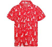 King Kameha Men Christmas Santa-Claus Office-Party Short-Sleeve Button-Down Shirts, Reindeer-Allover, Red, 6XL