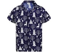 King Kameha Men Christmas Santa-Claus Office-Party Short-Sleeve Button-Down Shirts, Reindeer-Allover, Blue, M