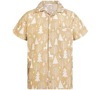 King Kameha Men Christmas Santa-Claus Office-Party Short-Sleeve Button-Down Shirts, Reindeer-Allover, Khaki, 4XL