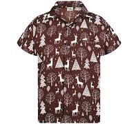 King Kameha Men Christmas Santa-Claus Office-Party Short-Sleeve Button-Down Shirts, Reindeer-Allover, Brown, XXL