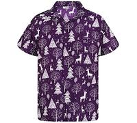 King Kameha Men Christmas Santa-Claus Office-Party Short-Sleeve Button-Down Shirts, Reindeer-Allover, Purple, M