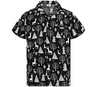 King Kameha Men Christmas Santa-Claus Office-Party Short-Sleeve Button-Down Shirts, Reindeer-Allover, Black, S