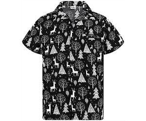 King Kameha Men Christmas Santa-Claus Office-Party Short-Sleeve Button-Down Shirts, Reindeer-Allover, Black, XXL