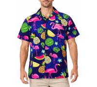 King Kameha Men’s Hawaiian Shirt Short Sleeve, Flamingo Melon, Blue, 6XL