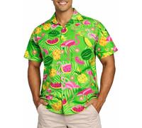 King Kameha Men’s Hawaiian Shirt Short Sleeve, Flamingo Melon, Green, 3XL