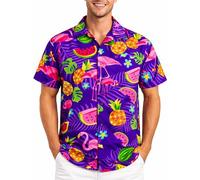 King Kameha Men’s Hawaiian Shirt Short Sleeve, Flamingo Melon, Purple, XS