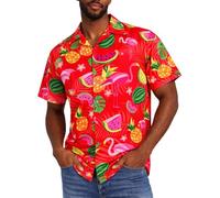 King Kameha Men’s Hawaiian Shirt Short Sleeve, Flamingo Melon, Red, XS